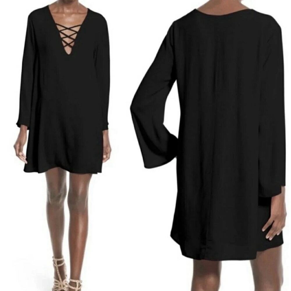 ASTR The Label Lace Up Bell Sleeve Shift large little Black dress evening party
